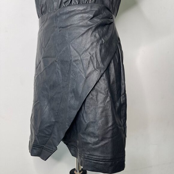 Anthropologie Women's Black Faux Leather Wrap Mini Short Sleeve Dress Size 8 - Picture 13 of 13